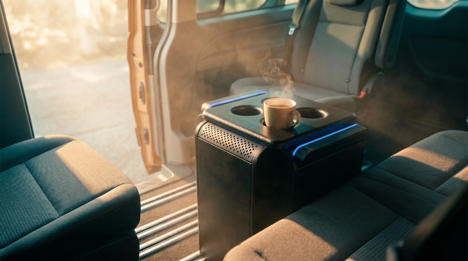 BOX TABLE for CAR z podświetleniem LED i uchwytami, zamontowany w Fordzie Tourneo Custom.